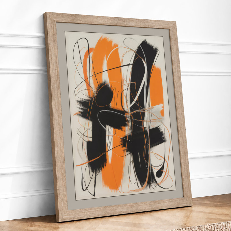 and Orange Gesture Abstract Framed Art Print, Oak, A3 - 42.0 x 29.7 cm