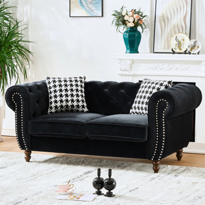 67" Mid Century Modern 2 Seater With Rolled Arms And Nailhead, Velvet Upholstery, Black, Suitable For Living Room, Office, Apartment, Solid Wood Frame, High - Density Foam + Spring Packs Black Roll