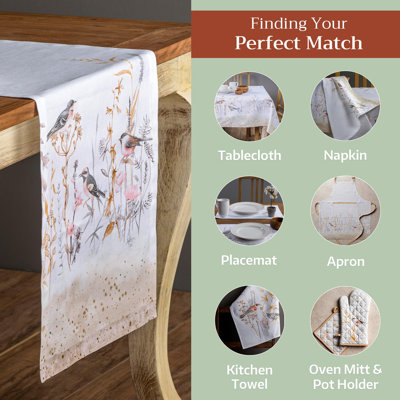 Maison d' Hermine Table Runner 100% Cotton Single Layer Table Runners 108 inches Long Decorative for Home Kitchen Dining Valentines Day Decorations Spring Summer (Meadow Florals - Beige, 14.5" x 108")