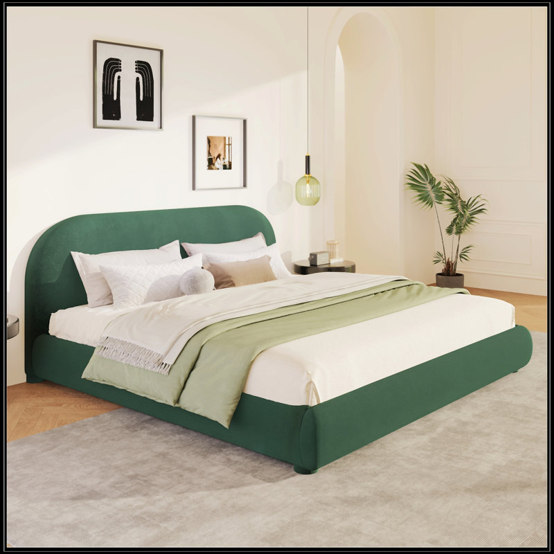 Grand lit en velours vert foncé: texture luxueuse légère, atmosphère haut de gamme et tête de lit courbée élégante, Queen