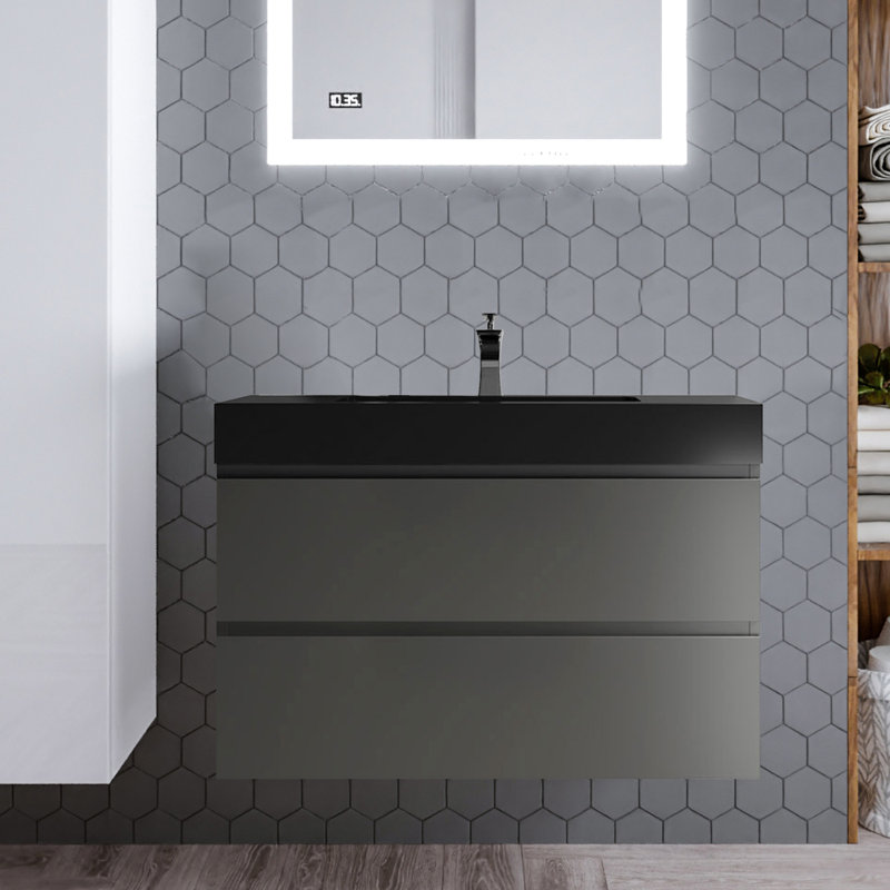 Meuble-lavabo mural simple 35,8 po avec plateau en résine, gris