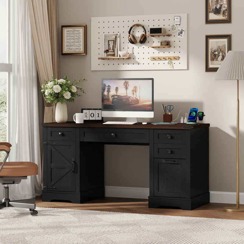  58'' W Rectangle Computer Desk with Storage Cabinet and Drawers, Farmhouse Home Office Desk, Wooden Executive Desk with Charging Station