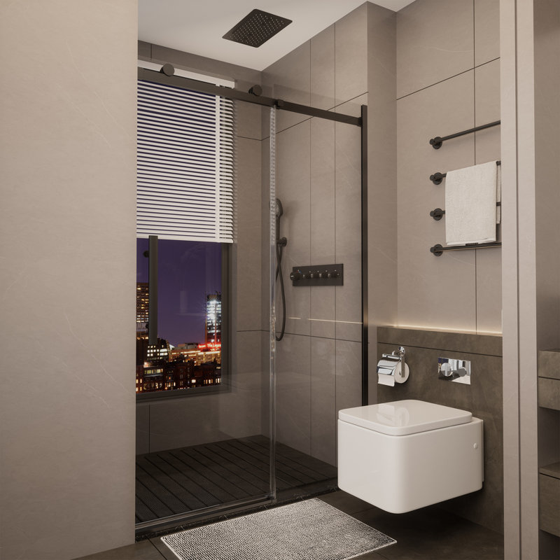 Porte de douche coulissante simple réversible sans cadre de 44 à 48 po x H 76 po avec verre trempé transparent de 3/8 po