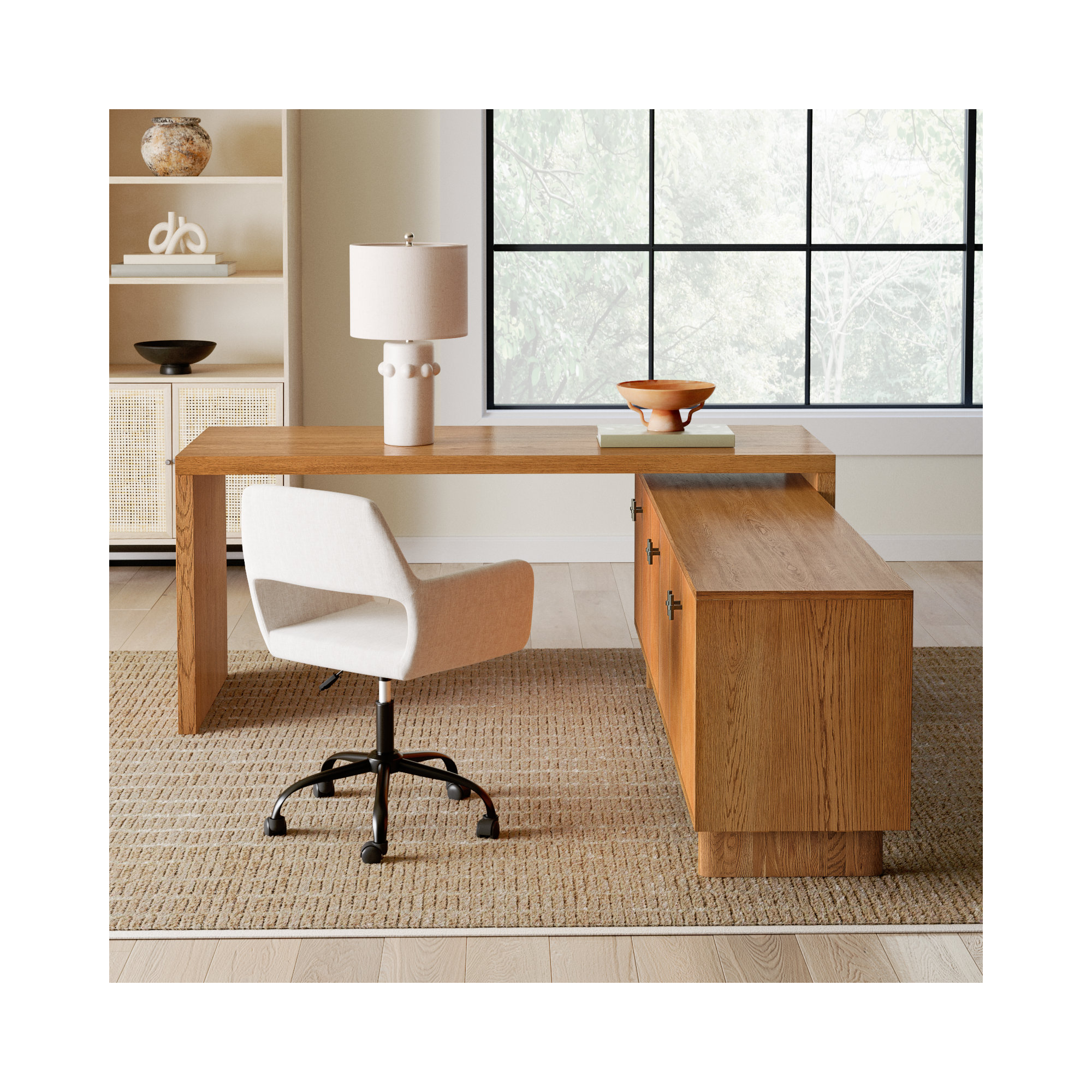 L-Shaped Wood Executive Desk, Amber Oak