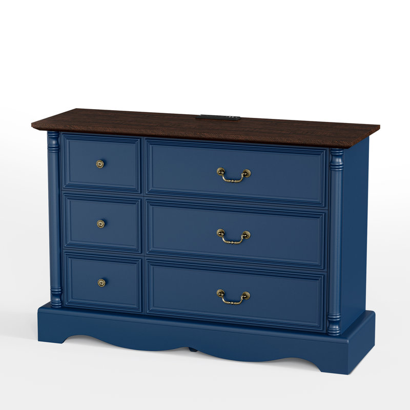 Commode 6 tiroirs, commode de ferme de 54 po de largeur avec station de charge, Bleu
