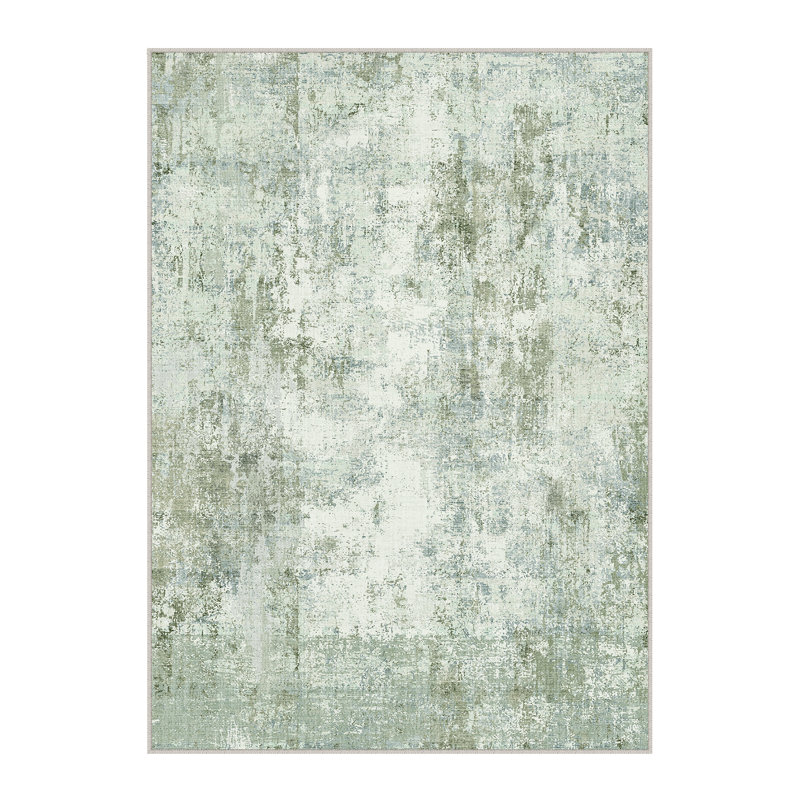 Tapis moderne lavable abstrait vert clair, Vert clair, Rectangle 5 pi x 7 pi