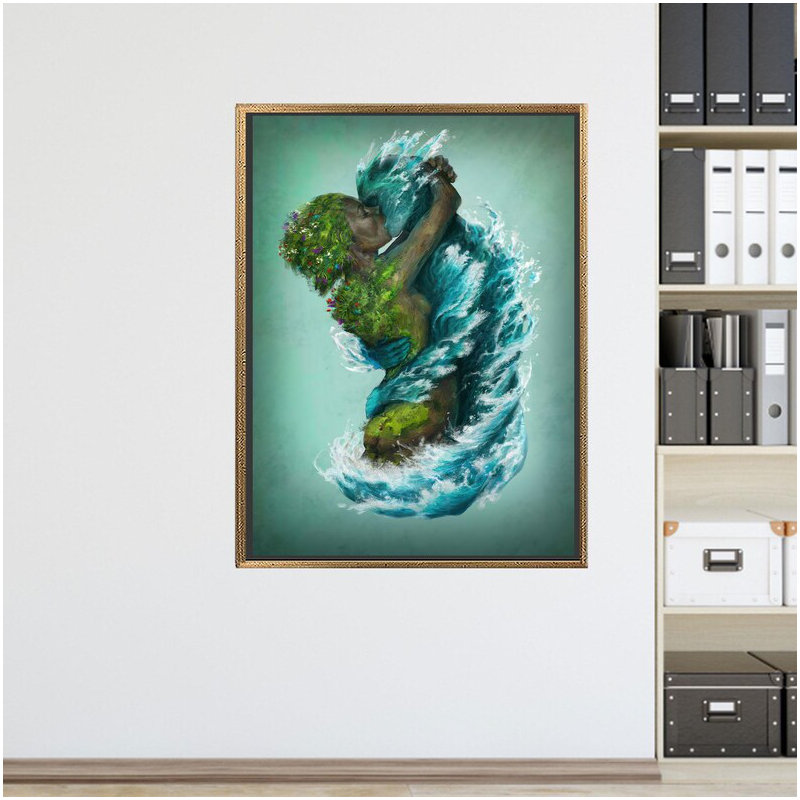 Modern Surreal Earth and Water Embrace Canvas Art - Perfect Gift for Art Lovers, Gold Floater Framed, 20 cm H x 30 cm W