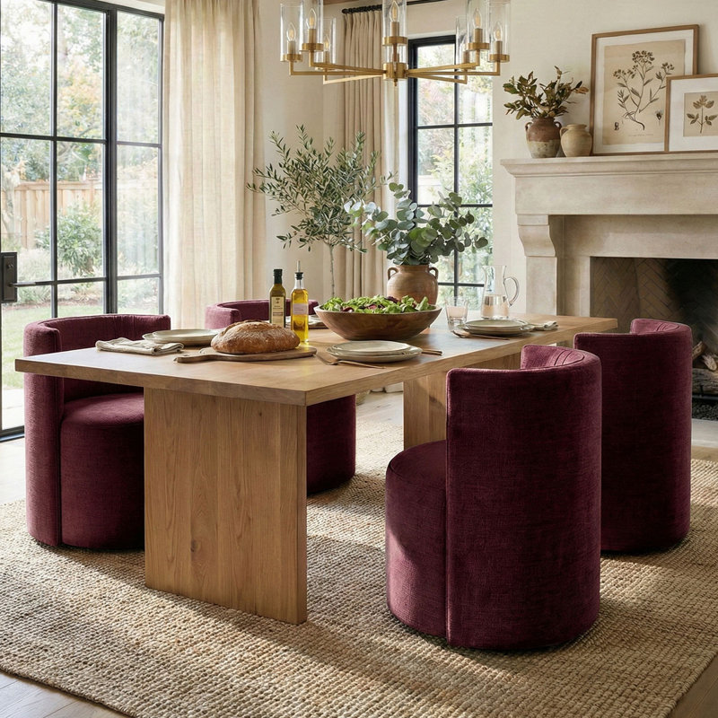 Upholstered Barrel Back Dining Chairs with Hidden Casters, Wine