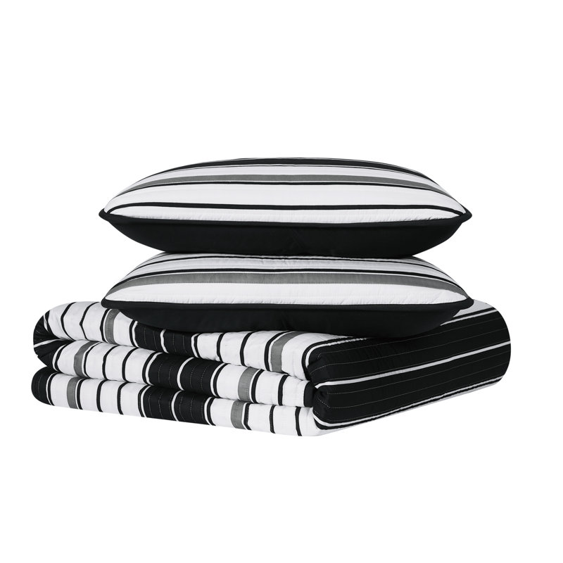 Black and White Striped Twin Microfiber Quilt Set