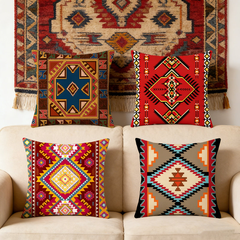 Ensemble de 4 housses de coussins décoratifs style bohémien de style marocain épaissis (18 x 18 pouces) (45 x 45 cm), B4