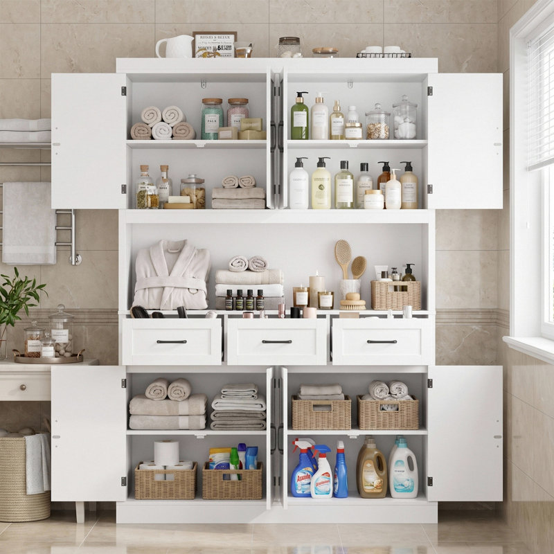 Meuble de rangement de salle de bain autoportant Aeddon de 192,4 cm de hauteur avec étagères ouvertes, trois grands tiroirs et quatre compartiments.