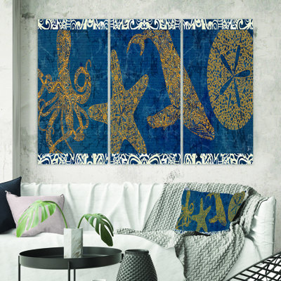 Impression sur toile de qualité supérieure «Coastal Sea Life Seastar and Octopus»
