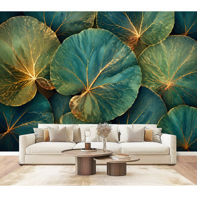 Peel and Stick Wallpaper Vibrant Green Water Lily Leaves Intricate Veins Subtle Golden Wall Murals 69"H x 96"W Removable PVC Wall Paper Self-Adhesive Wall Decor for Bedroom Living Room Home Office