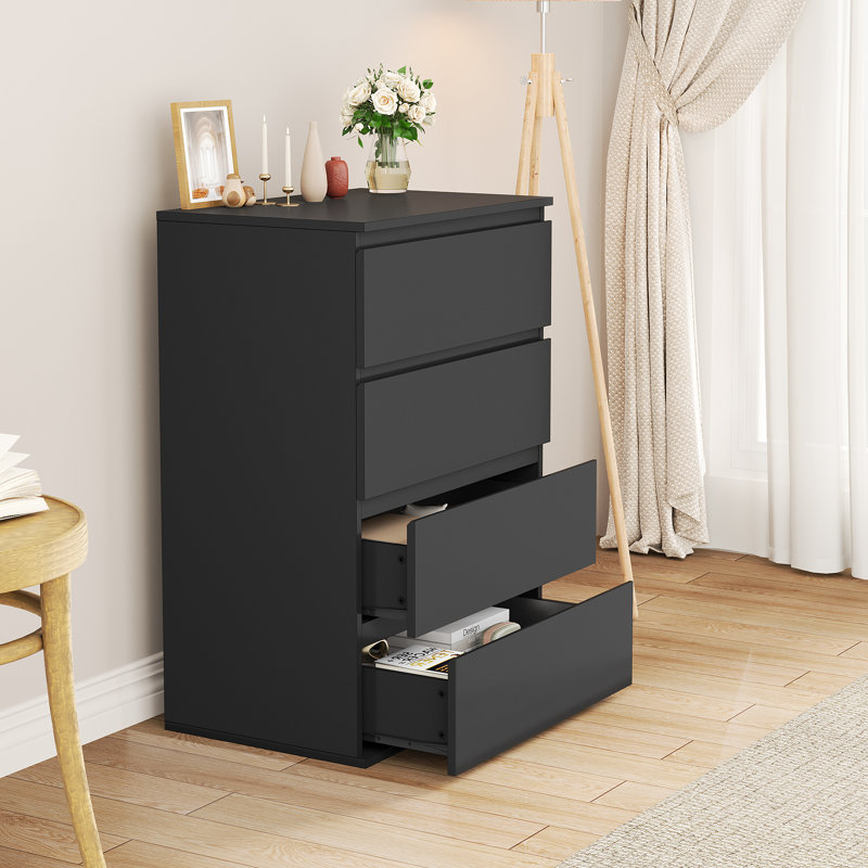 Commode 4 tiroirs, table de chevet en bois Cassilis, Noir