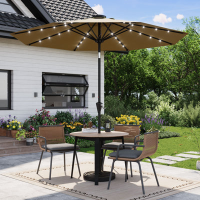 Parasol solaire 9 pi avec 32 lumières DEL - Parasol de marché extérieur imperméable, manivelle, inclinaison à bouton-poussoir, 8 nervures robustes, protection UV pour le patio, le jardin, la terrasse, la piscine