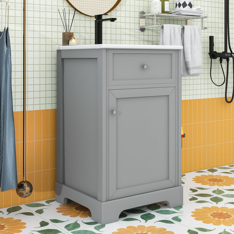 Meuble-lavabo contemporain simple avec lavabo en céramique, porte à fermeture douce et tablette réglable, Gris