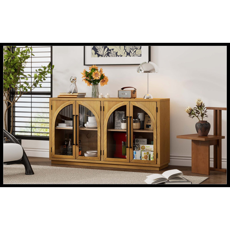 Grande armoire-buffet à 4 portes avec portes vitrées, armoire arquée avec tablettes réglables pour la cuisine, la salle à manger et le salon (bois naturel)