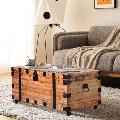 Table basse à quatre roues avec beaucoup de rangement, grain de bois naturel et métal, aspect industriel rétro, 39,99 po de profondeur, 21,68 po de largeur, 19,65 po de hauteur, 47,37 lb de poids