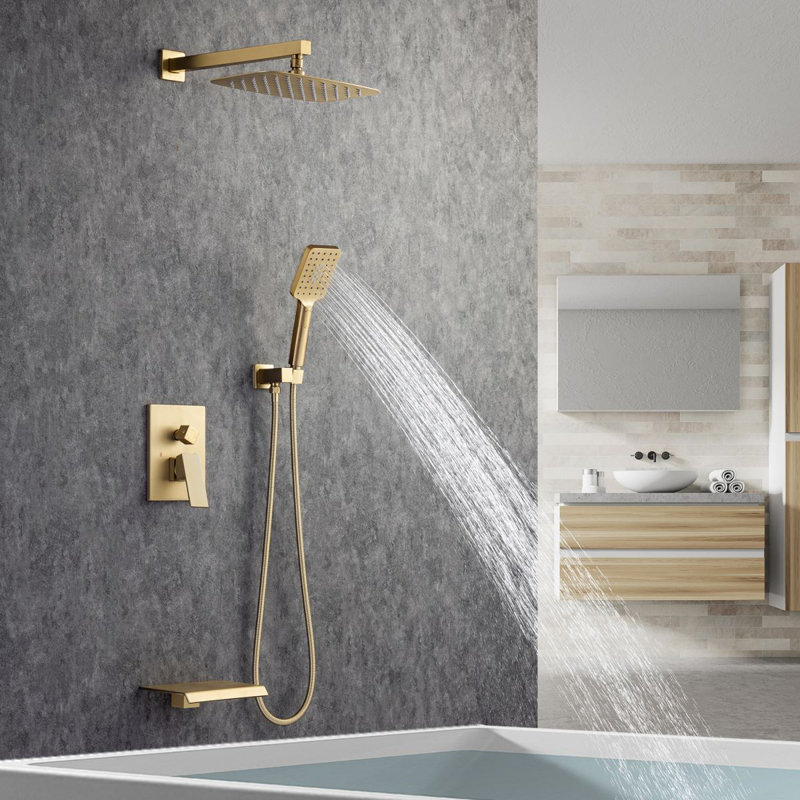 Single-Handle 3-Spray Square High Pressure Shower Faucet with Spout 12 in. Shower Head (Valve Included), Brushed Gold