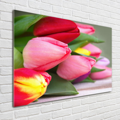 Glass Print Wall Art 100X70cm Image Printed On Glass Decorative Wall Picture Behind Toughened / Tempered Safety Real Glass For Kitchen & Living Room Theme:Colorful Tulips