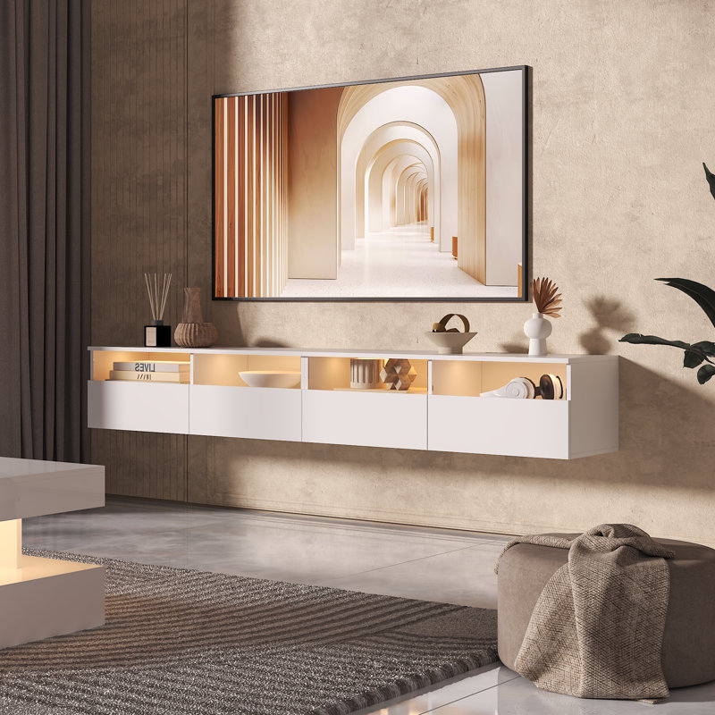 Agnon Floating TV Stand with 2 Storage Drawers, Wall-Mount up to 85", White, 30cm H x 200cm L x 33cm W