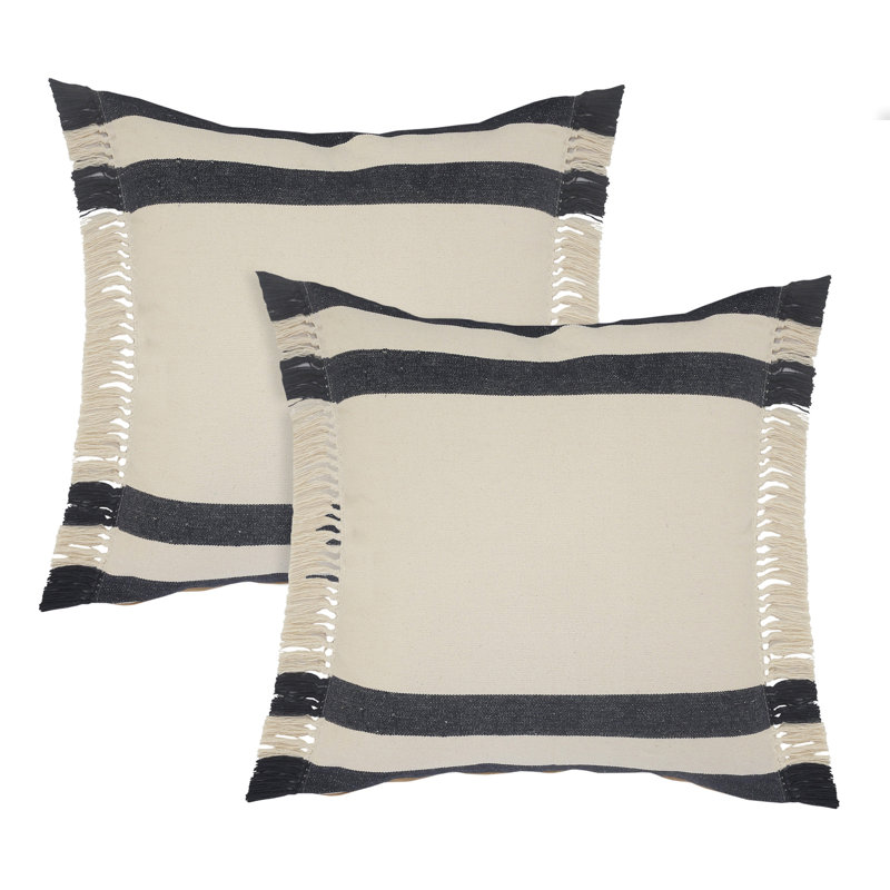 Ensemble de 2 coussins décoratifs en coton à franges Coastal, H 20 po x l 20 po, Ivory/Navy, Polyester/Polyfill