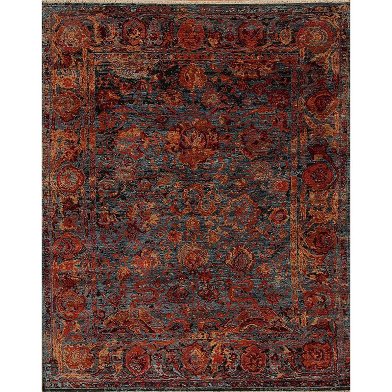 Shangri-La Hand Knotted Wool Area Rug in Blue/Coral/Yellow, Rectangle 9' x 12'