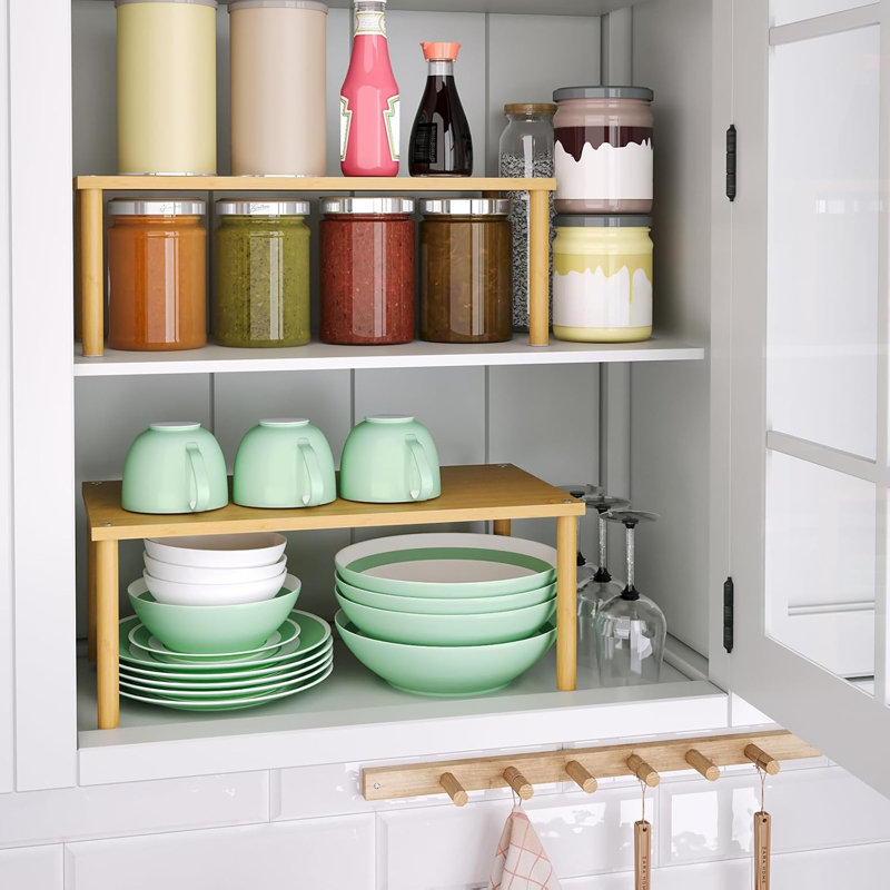 Tablette de rangement d'armoire (ensemble de 2), tablettes de comptoir de cuisine, comptoir à épices empilable en bambou (grand)