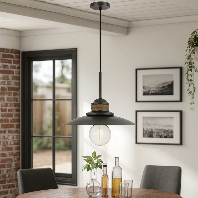 Oly Pendant Light w Burlap Rope Design, Dark Gray
