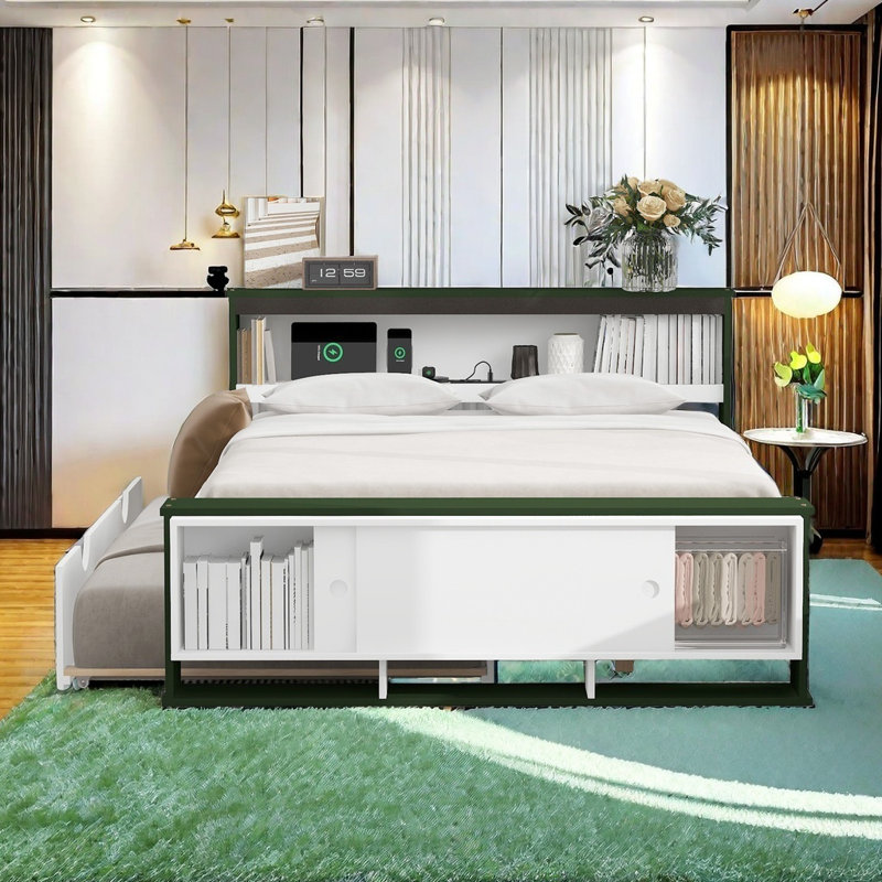 Lit plateforme double avec lit gigogne, tête et pied de lit avec rangement, conception de chargement USB, Vert