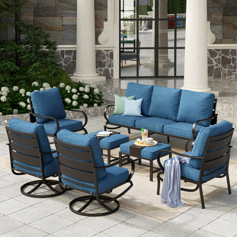 Tapasi 9 - Person Patio Conversation Set with Swivel Lounge Chairs & Optional Firepit Table, Peacock Blue, No