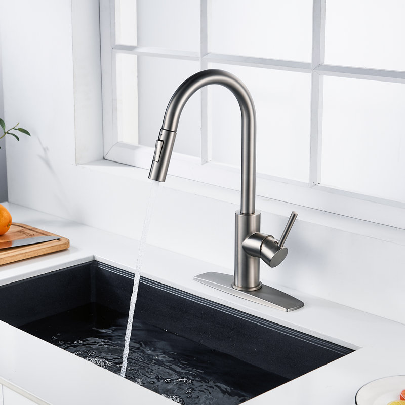 Robinet de cuisine rétractable à poignée simple avec plaque de pont, poignées et conduites d'alimentation, Nickel brossé