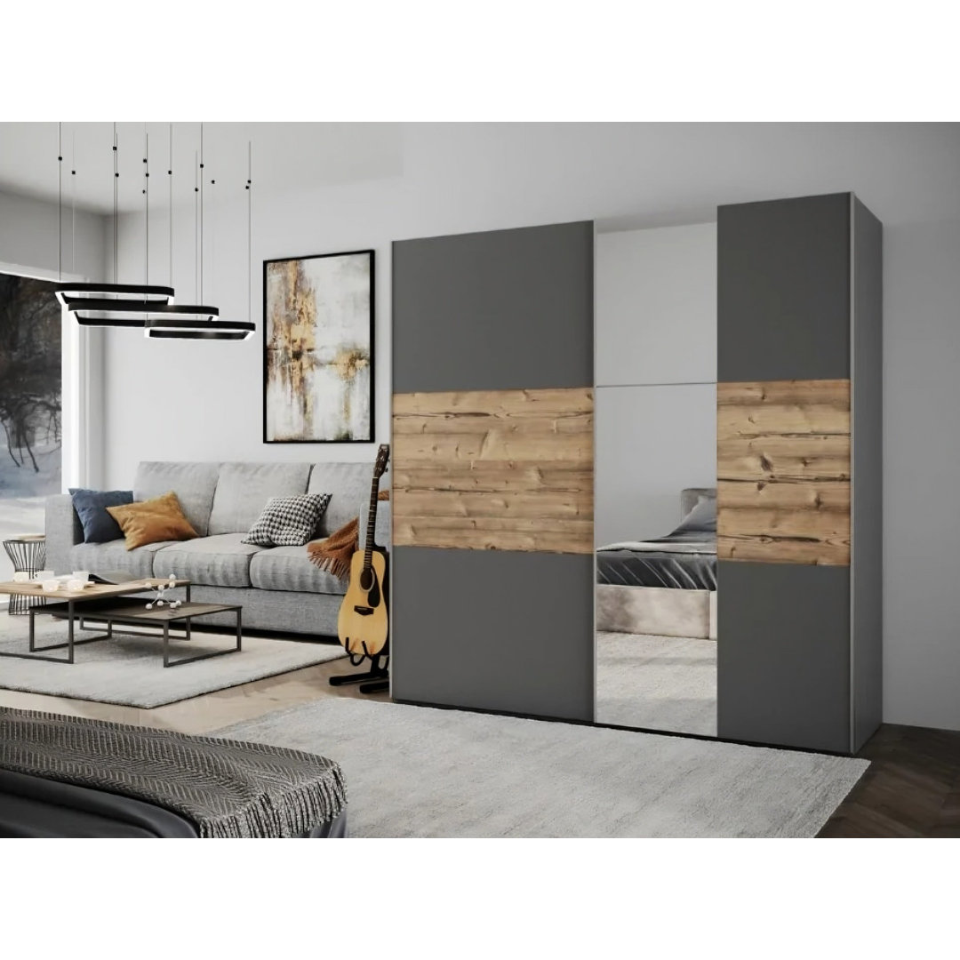 BASTIA 200cm Sliding Door Wardrobe in Grey and Alpine Spruce - Rustic Modern Storage with Mirror