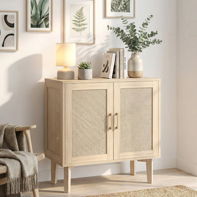 Japandi Rattan Sideboard Buffet Cabinet, Wood Credenzas for Kitchen, Light Oak