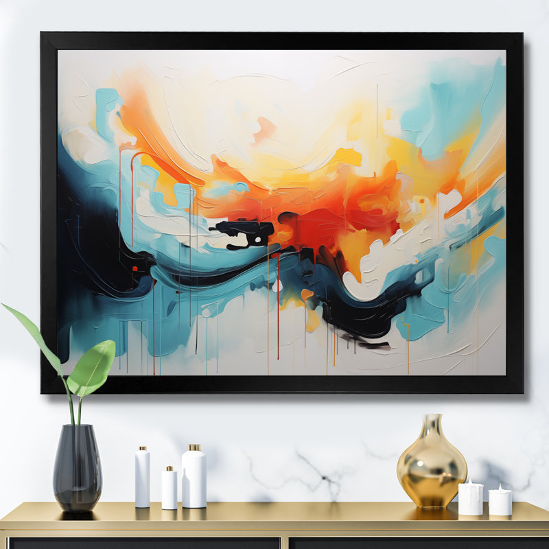 Bleu et orange, vagues abstraites colorées V - art mural abstrait, Cadre d'angle fermé noir, H 24 po x l 32 po x P 1 po