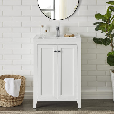 Lainey Meuble-lavabo autoportant blanc à simple cuve avec plateau en céramique