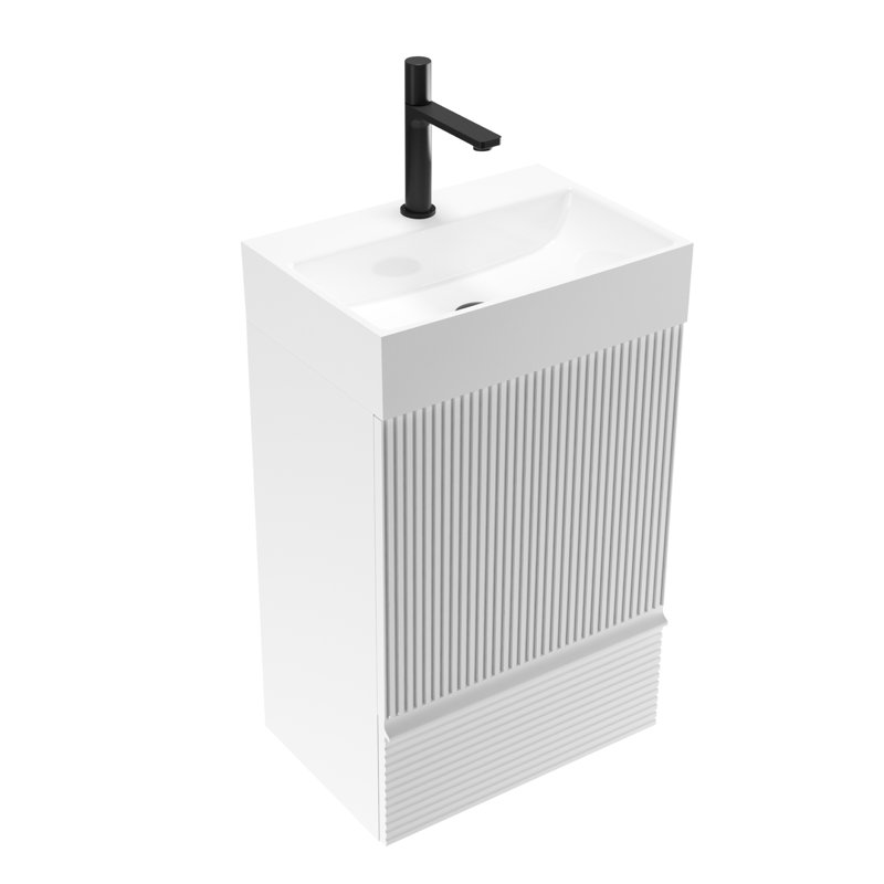 Meuble-lavabo sur pied moderne en velours blanc rayé, lavabo en céramique, 1 porte et tiroir de rangement, matériau E1, doux, ensemble avec tiroir, finition, quincaillerie