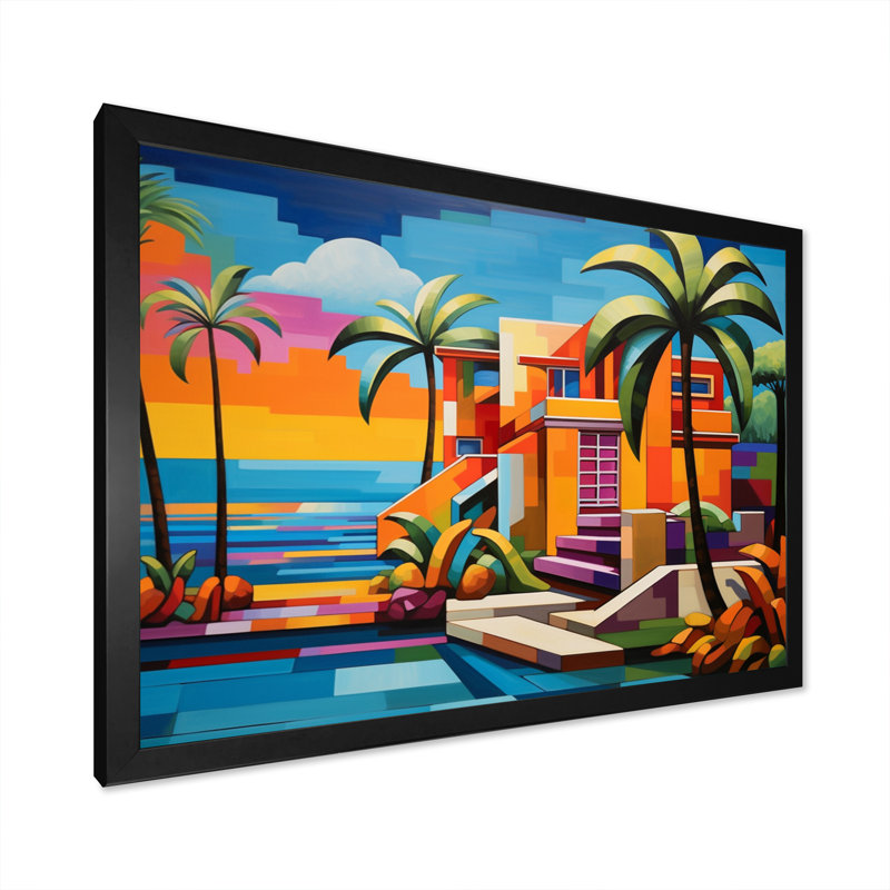 Pop Art Palm Beach en couleur I - Pop Art, art encadré, Cadre simple noir, H 24 po x l 32 po x P 1 po