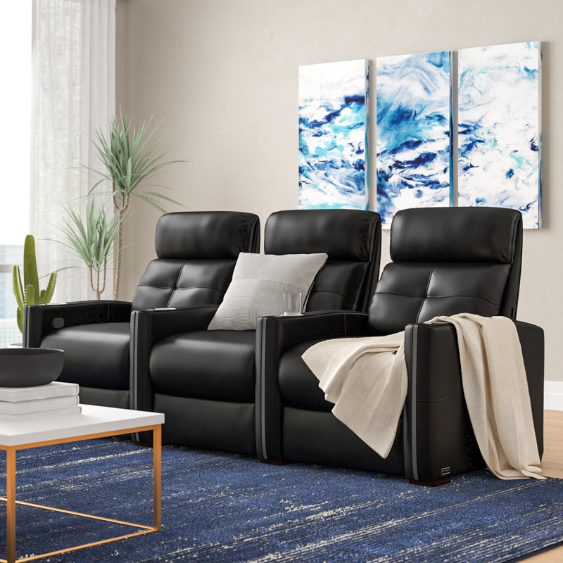 Upholstered Home Theater Seating with Cup Holder, Faux Leather
