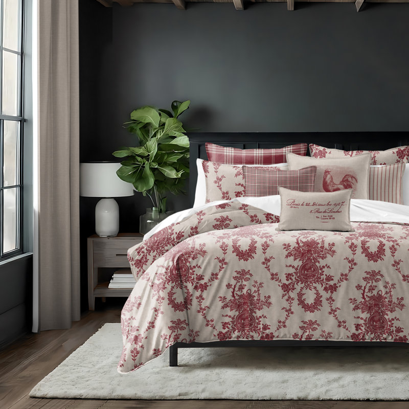Country Lane Toile Crimson Cotton Duvet Cover Set  8 Piece, Super Queen Duvet Cover + 7 Additional Pieces