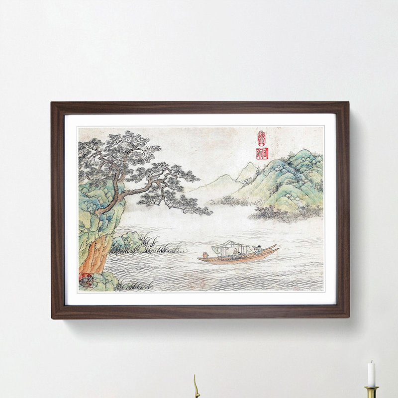 Passing Boat by Shen Hengji - Framed Print, 48cm H x 65cm W x 2cm D, Walnut Framed