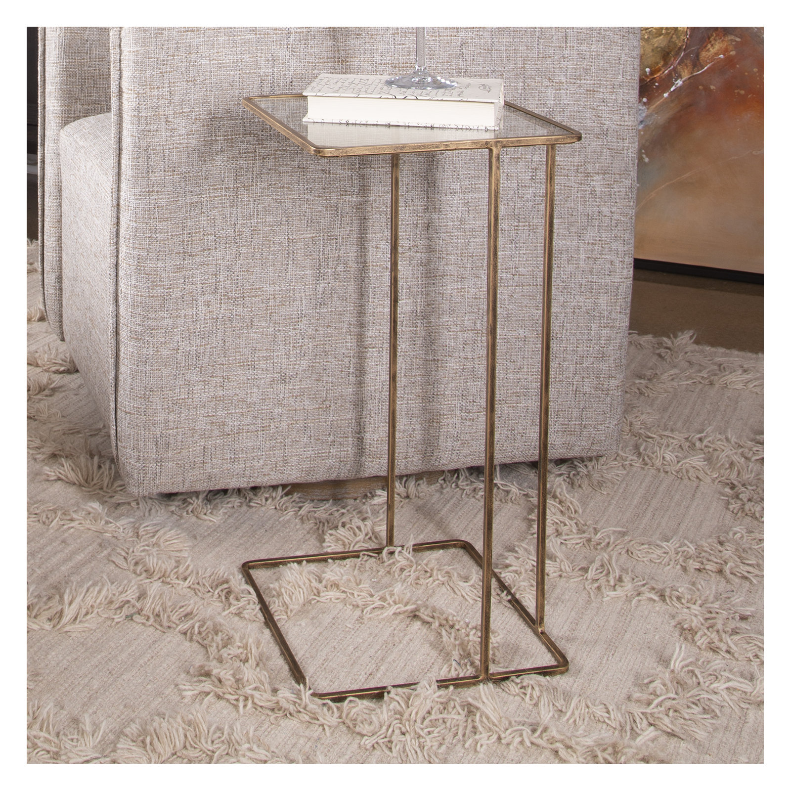 Margos Glass End Table, Antique Gold