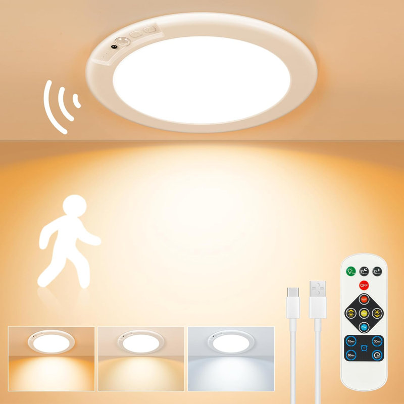 Rechargeable Ceiling Light No Wiring Battery Operated Ceiling Lights With Remote Motion Sensor Dimmable Timing Motion Activated Overhead Shower Light