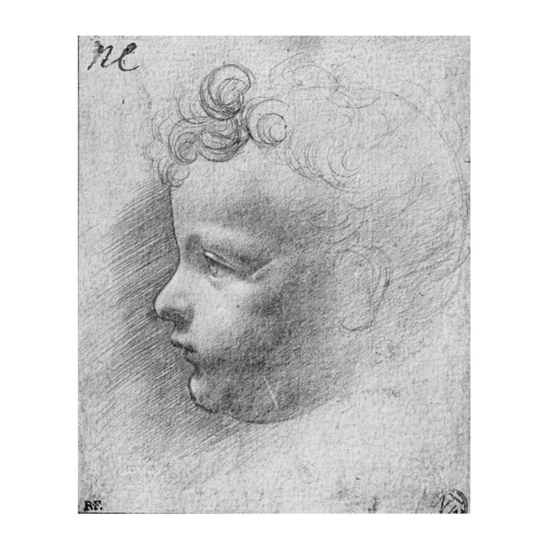 Tête d'enfant (crayon sur papier) (photo noir et blanc) par Leonardo Da Vinci - Estampe numérique, H 28 po x l 22 po