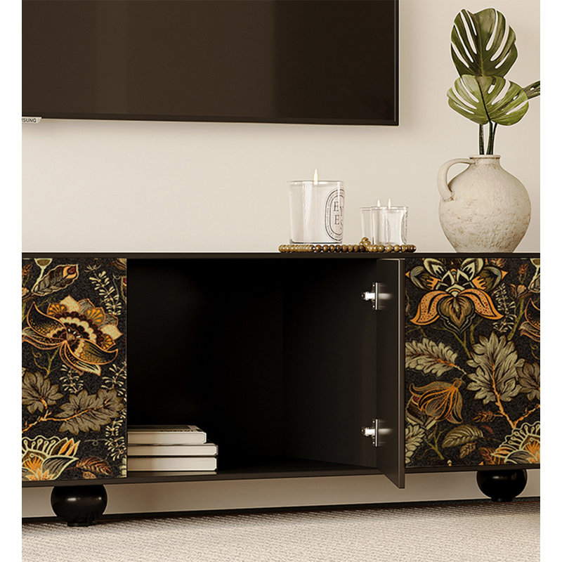 Meuble télé rétro à imprimé floral avec pieds ronds et rangement fermé, H 19,7 po x l 70,9 po x P 15,7 po