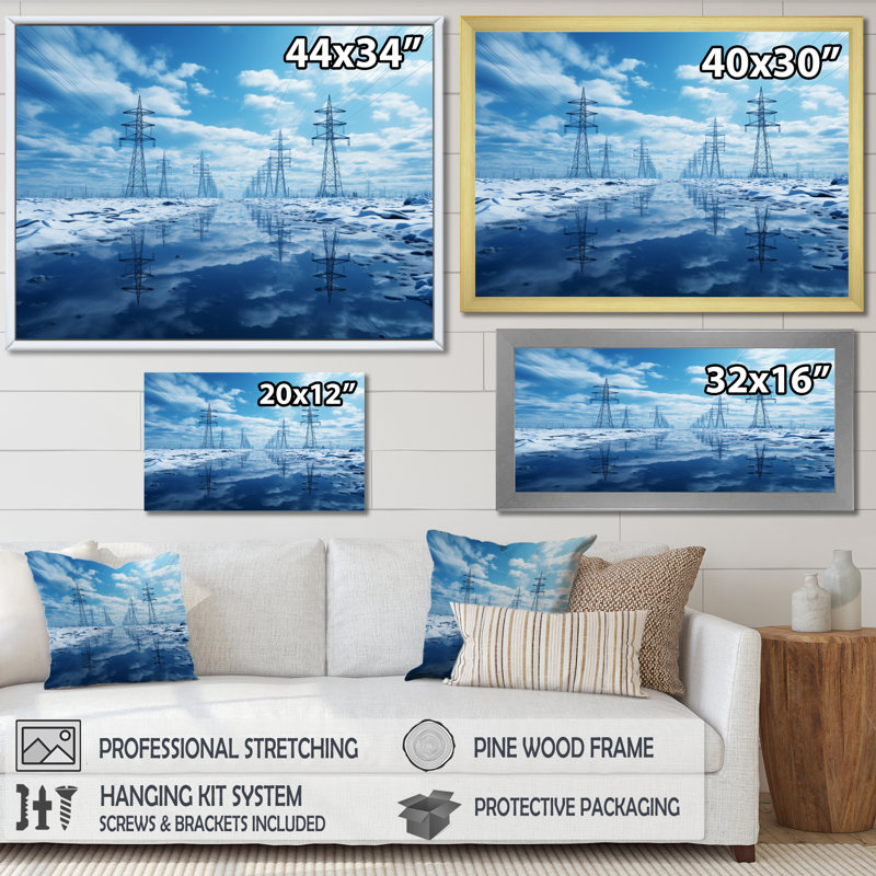 Lignes électriques, Horizons électriques I - art mural lignes électriques, Cadre flottant doré, H 30 po x l 40 po x P 1,5 po