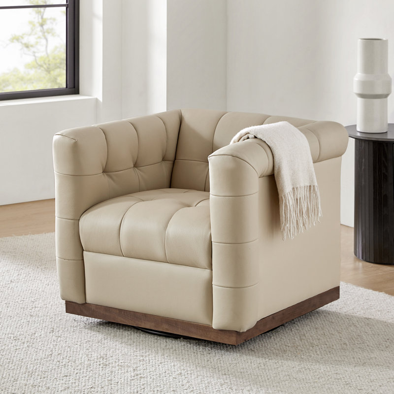 Fauteuil club pivotant carré en cuir véritable Sonika avec cadre en bois massif, Beige