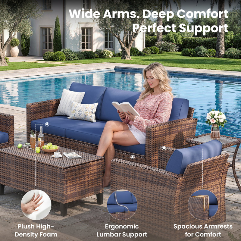 6-Piece Outdoor Patio Set With 360° Swivel Rockers - All-Weather Wicker Conversation 7 Seating, Navy Blue