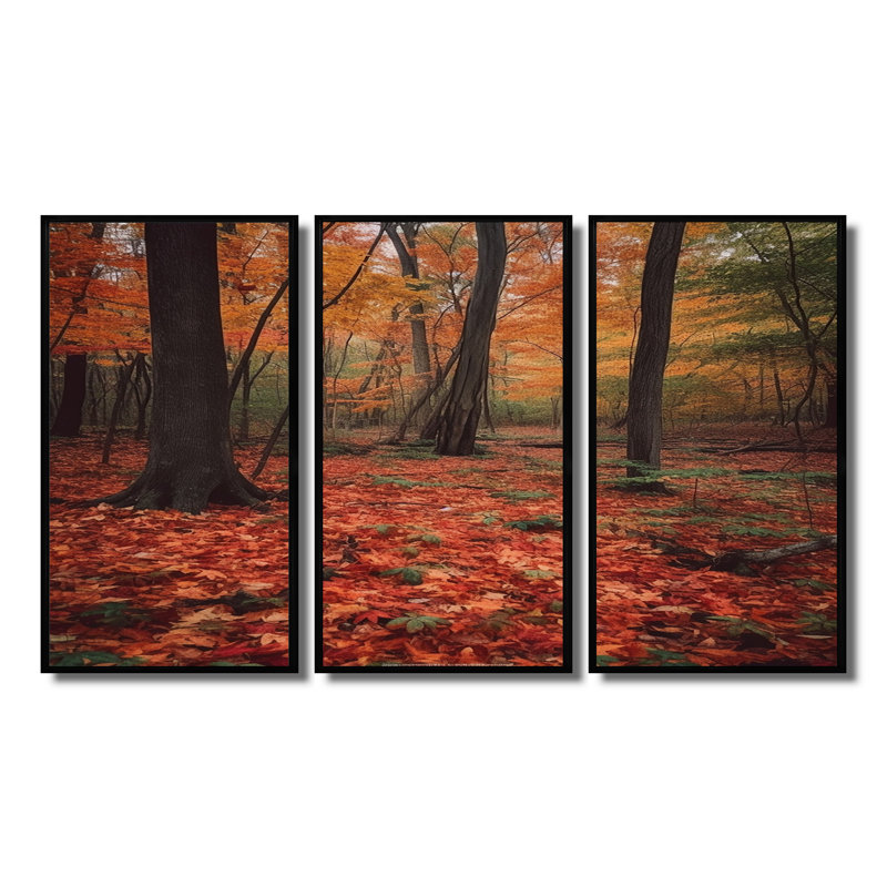 Feuilles d'automne dans la forêt d'érable - ensemble de décoration murale arbre séquoia, Cadre flottant noir
