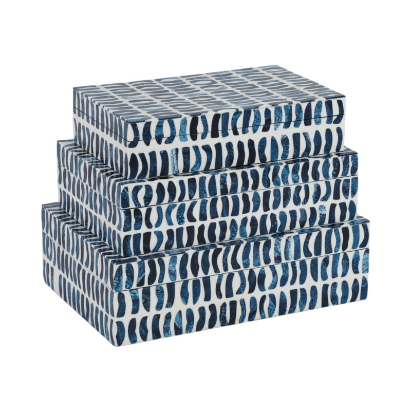 Aldossari Decorative Boxes with Lid for Office Storage - Chic Organizer Trio for Keepsake Box for Home Decor - Set of 3, 10", 11", 12", Blue & White
